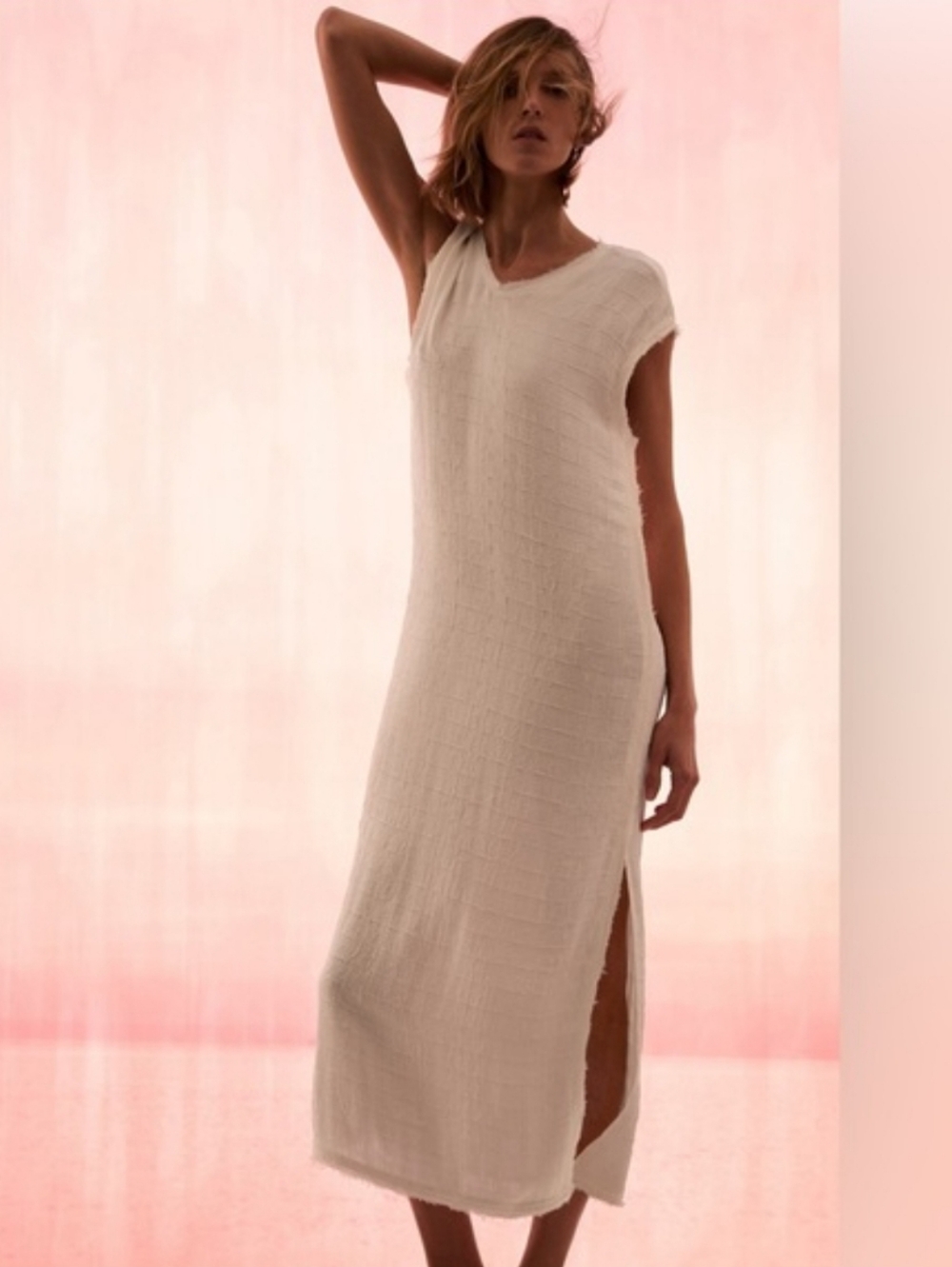 ​NWT Zara Women's Rustic Tunic Dress Size XXL Light Oyster White Midi Maxi Slit